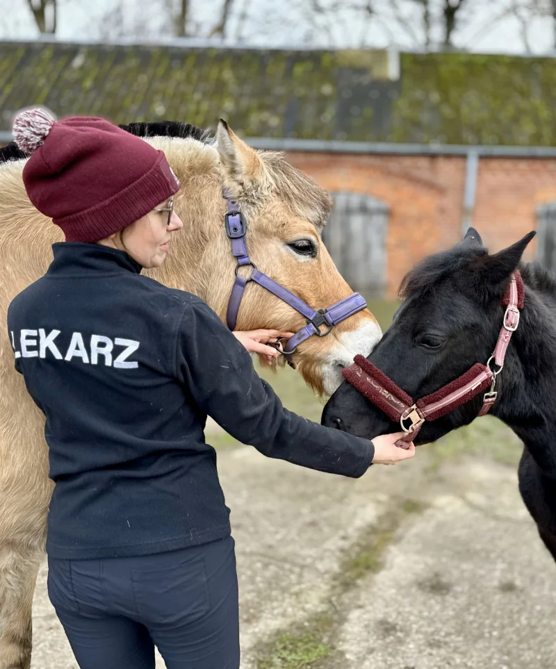 Lekarz na zajeciach z hipoterapii w stadninie koni w Jarcewie
